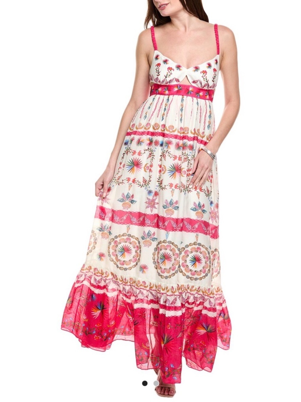 NWT SALONI Naki Cream linen Maxi sunDress scalloped neck cut outs Pink shell 8